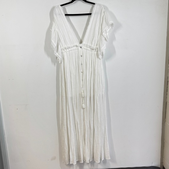 Aakaa White Boho Deep V-Neck Tassel Waist Beach Cover-Up Maxi Dress Size S - Picture 2 of 16